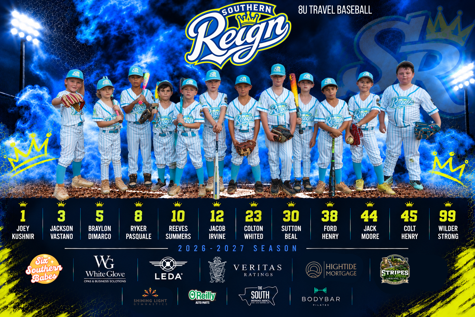 Southern Reign 8U 2026–2027 team photo with sponsor logos